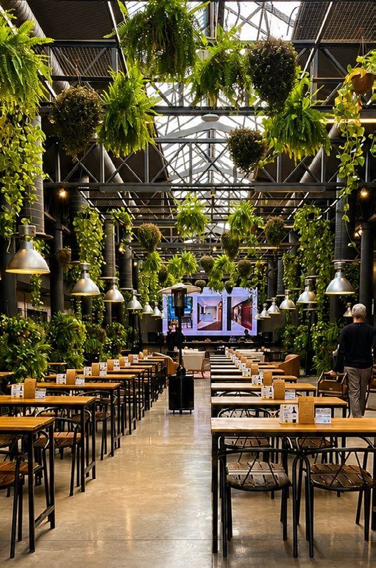 DC Navegantes, ambiente amplo com plantas suspensas e iluminação industrial
